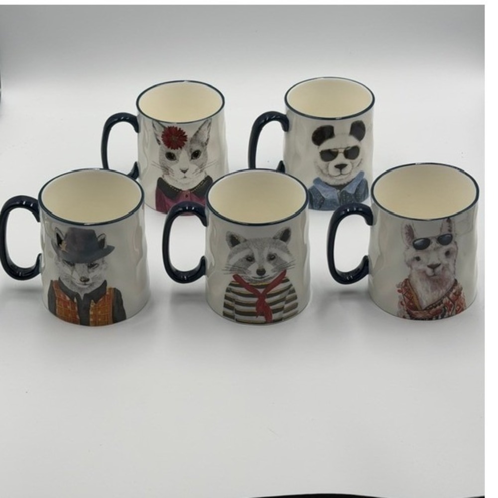 Signature Housewares Animal Mugs Set of 5 Stoneware Cat Panda Fox Raccoon Llama